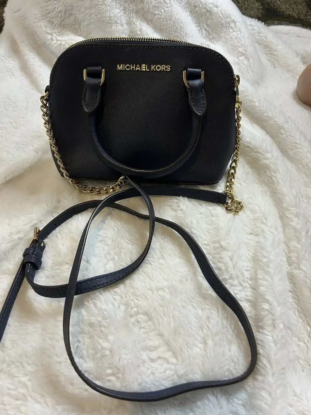 Michael Kors Blue Saffiano Leather Dome Crossbody Bag Silver Chain Strap